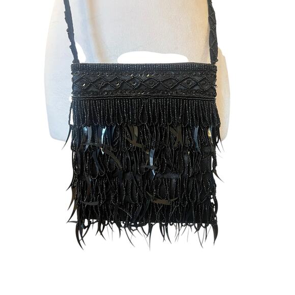 VINTAGE ANTIQUE BEADED SATIN CROSSBODY COCKTAIL SHOULDER BAG PURSE BLACK - Picture 2 of 8